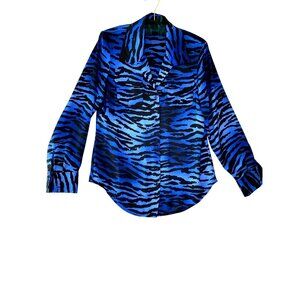 Jones New York Blue Zebra Print Button Up Shirt Long Sleeve Blouse